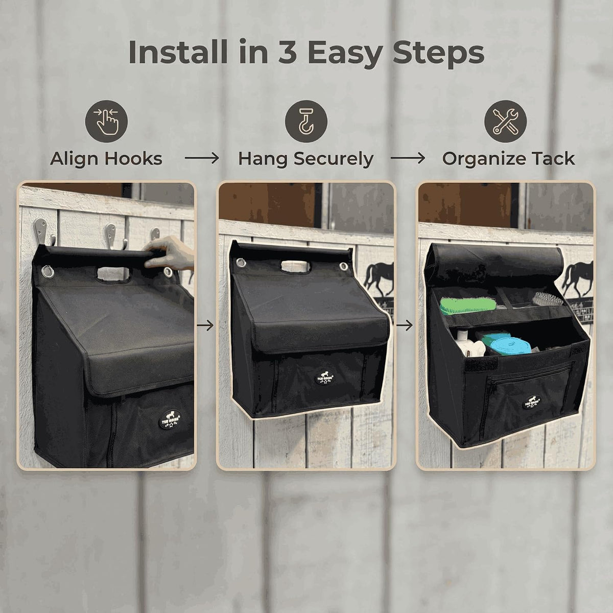 Stall Front Organizer Bag, Black, Multi-Compartment Storage, Horse Grooming Supply Holder with Top Loading Design