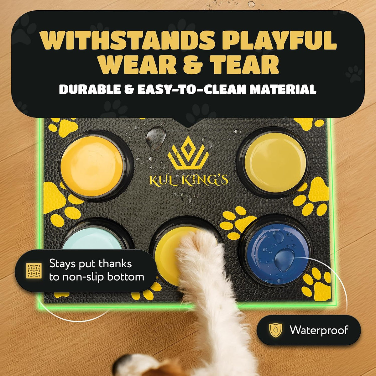 KUL KING'S Waterproof & Non-Slip Dog Talking Buttons - 8 Recordable Buttons with Special Training Mat & Guide, Batteries, Stickers - Talking Dog Buttons for Communication