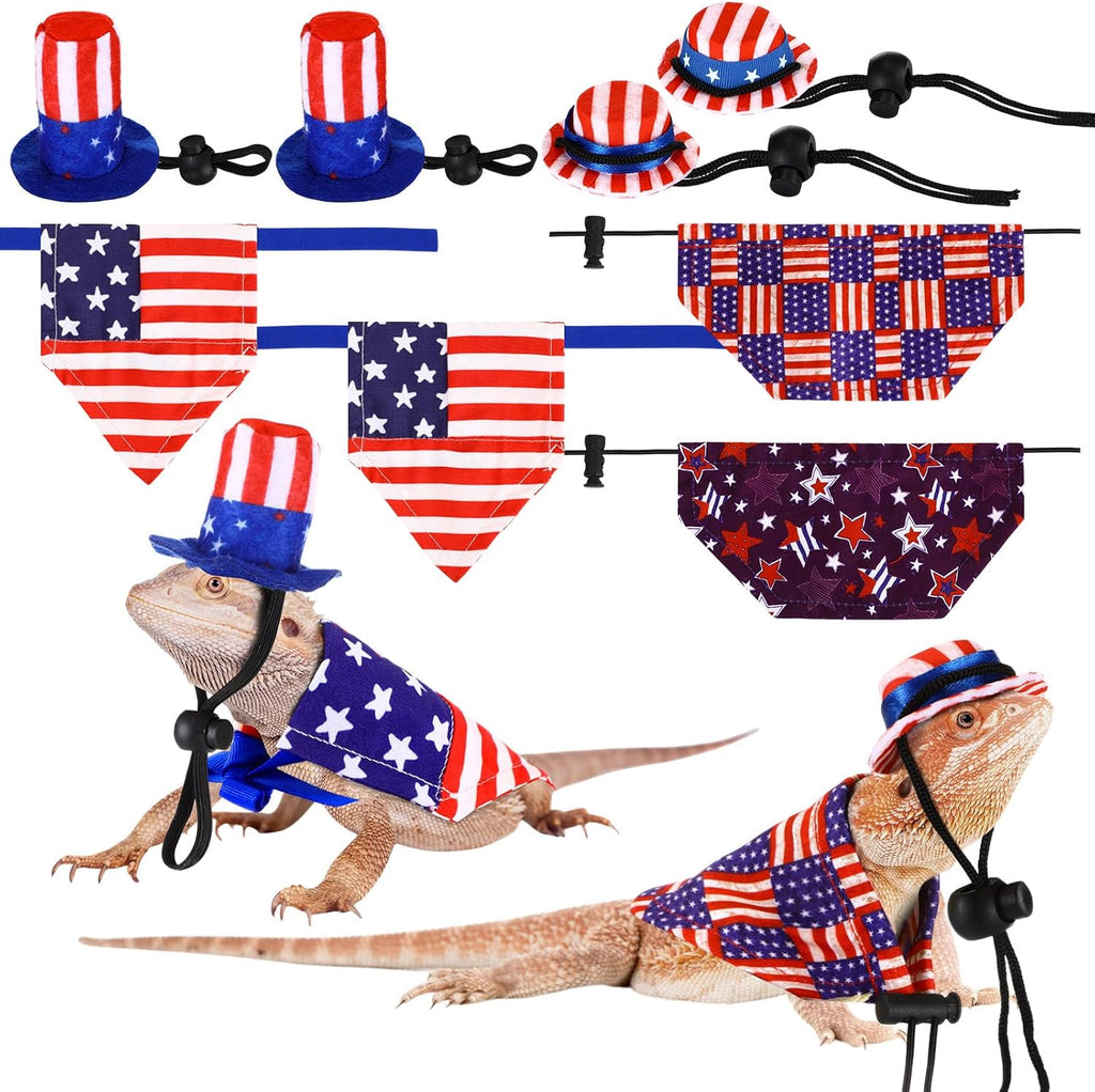 8 Pcs Independence Day Bearded Dragon Costume 4th of July Guinea Pig Hat and Cloak Adjustable Lizard Bandanas American Flag Cap for Small Animals Lizards Bearded Dragons