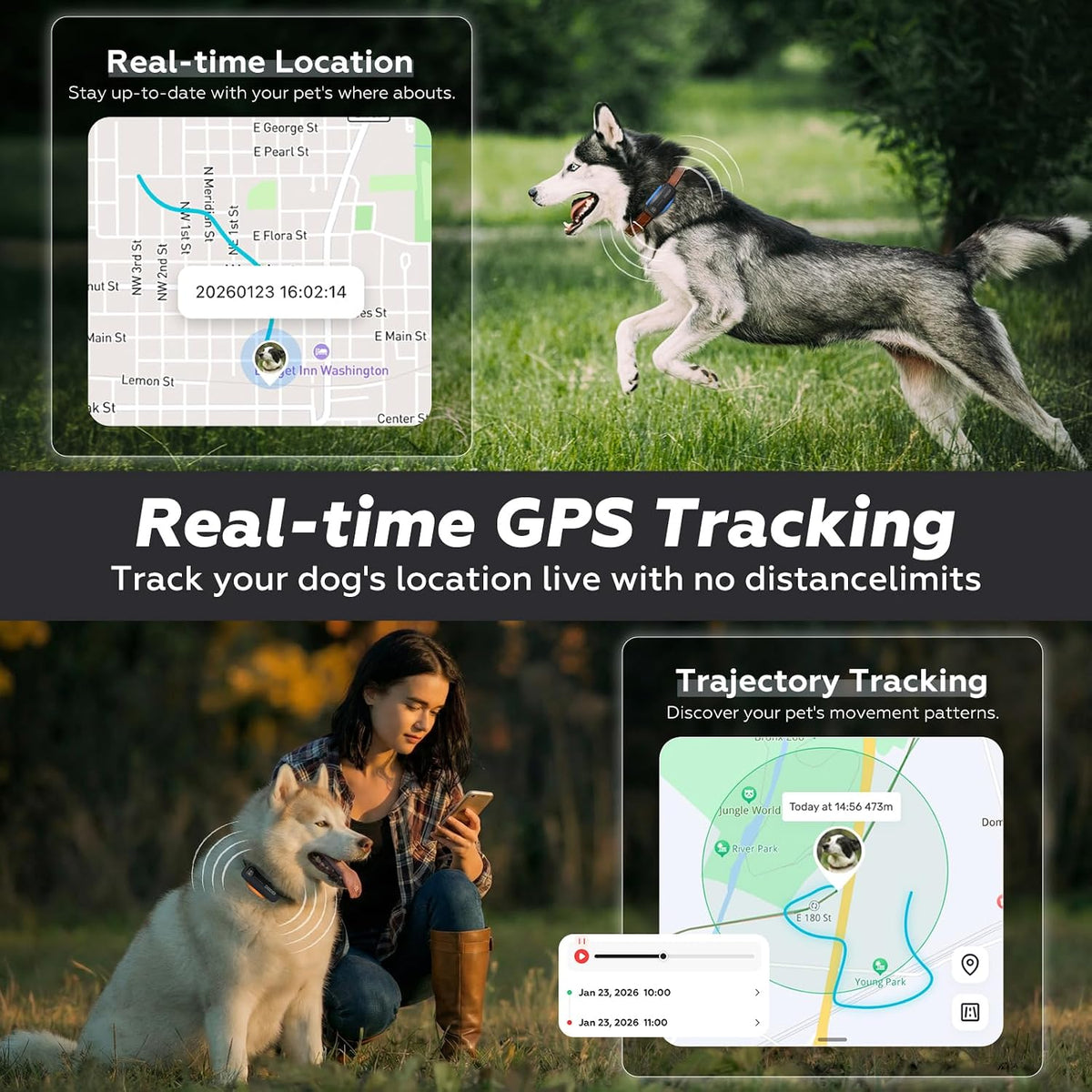 DBDD AI GPS Tracker for Dogs (30lbs+) - Real-Time Location & AI Health Assistant, Electronic Fence Collar for Escape Artists, Waterproof Dog GPS Tracker for Medium Large Dogs, iOS Android