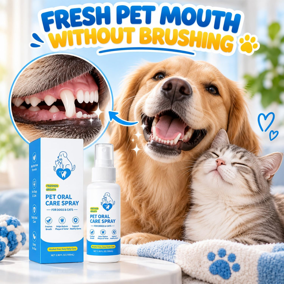 Pet Oral Care Spray, Dog & Cats Dental Spray for Dog Teeth Cleaning, Daily Dog Dental Care Cat Dental Care Solution, Breath Freshener & Plaque Tartar Control, Gum Health Support