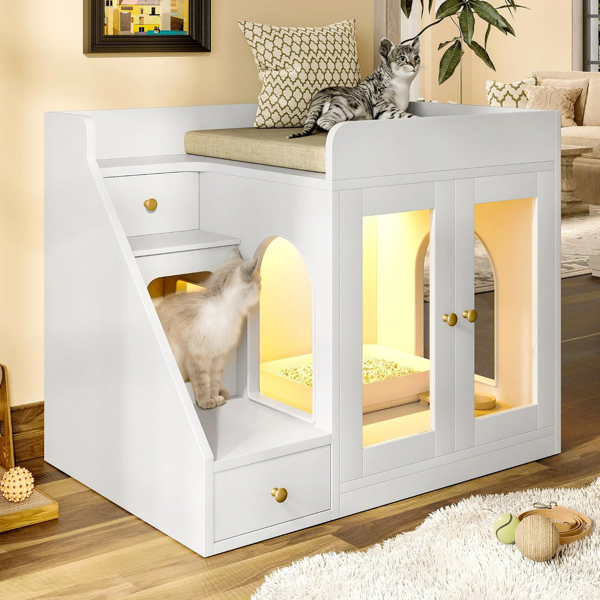 Cat Litter Box Enclosure with Light, Hidden Litter Furniture with Dual Storage Drawers, Indoor Feline House Side Table for Living Room Bedroom, Modern White Cabinet