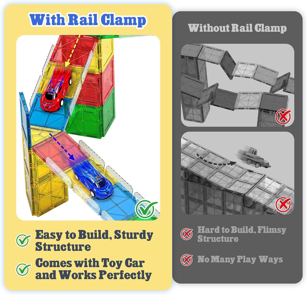 Magnetic Tiles Rail Pack 38-Pieces Magnetic Rail Clamps with Pullback Cars