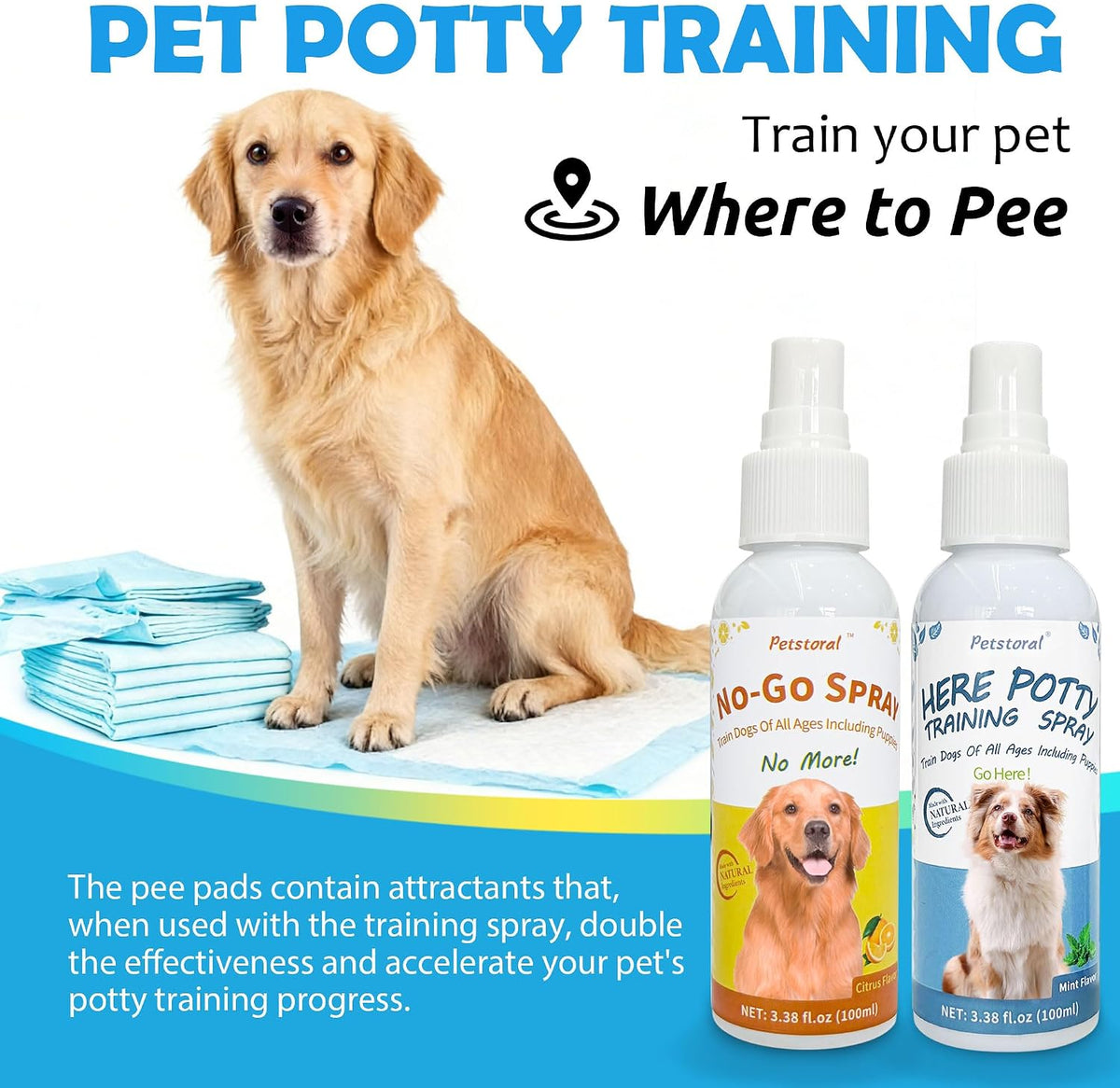 Petstoral Dog Potty Training Spray Set with Disposable Potty Pads, 1 Pack