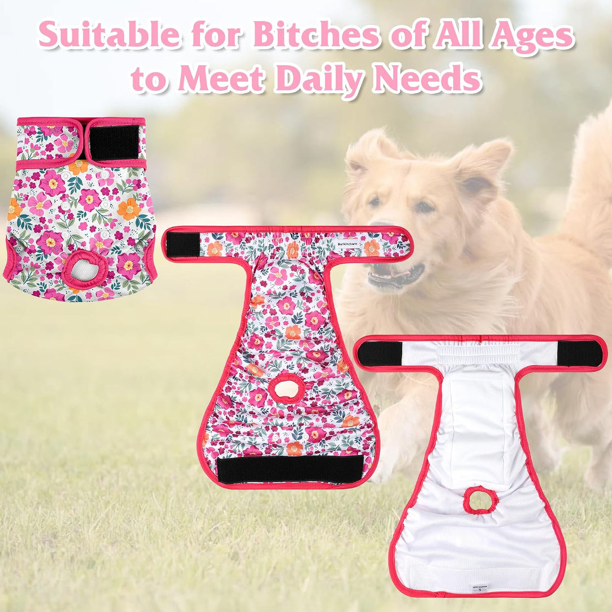 5 Pack Reusable Diapers for Doggie, Highly Absorbent Dog Diapers Female for Pet with Incontinence or Frequent Urination, Small Dog Diapers Female, Flowers