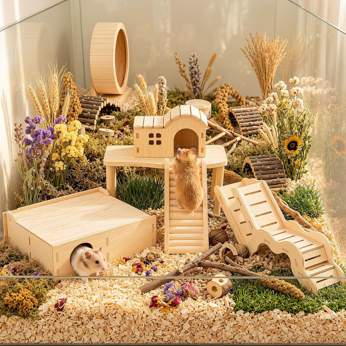 Novabright 5 Pcs Hamster Platform Set Including Wooden Hideout Tunnel Toy Multi Chamber Secret Climbing Ladder Bridge Wooden House Cage Accessories for Small Animal Gerbils Dwarf Syrian