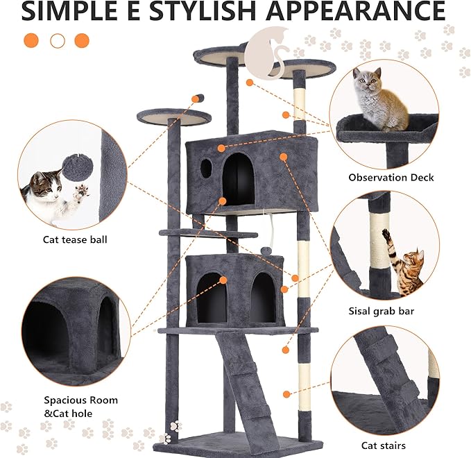 BestPet | 81" Cat Tree Tower | Dark Gray | Sturdy, Hanging Cat Toys, - Image 6