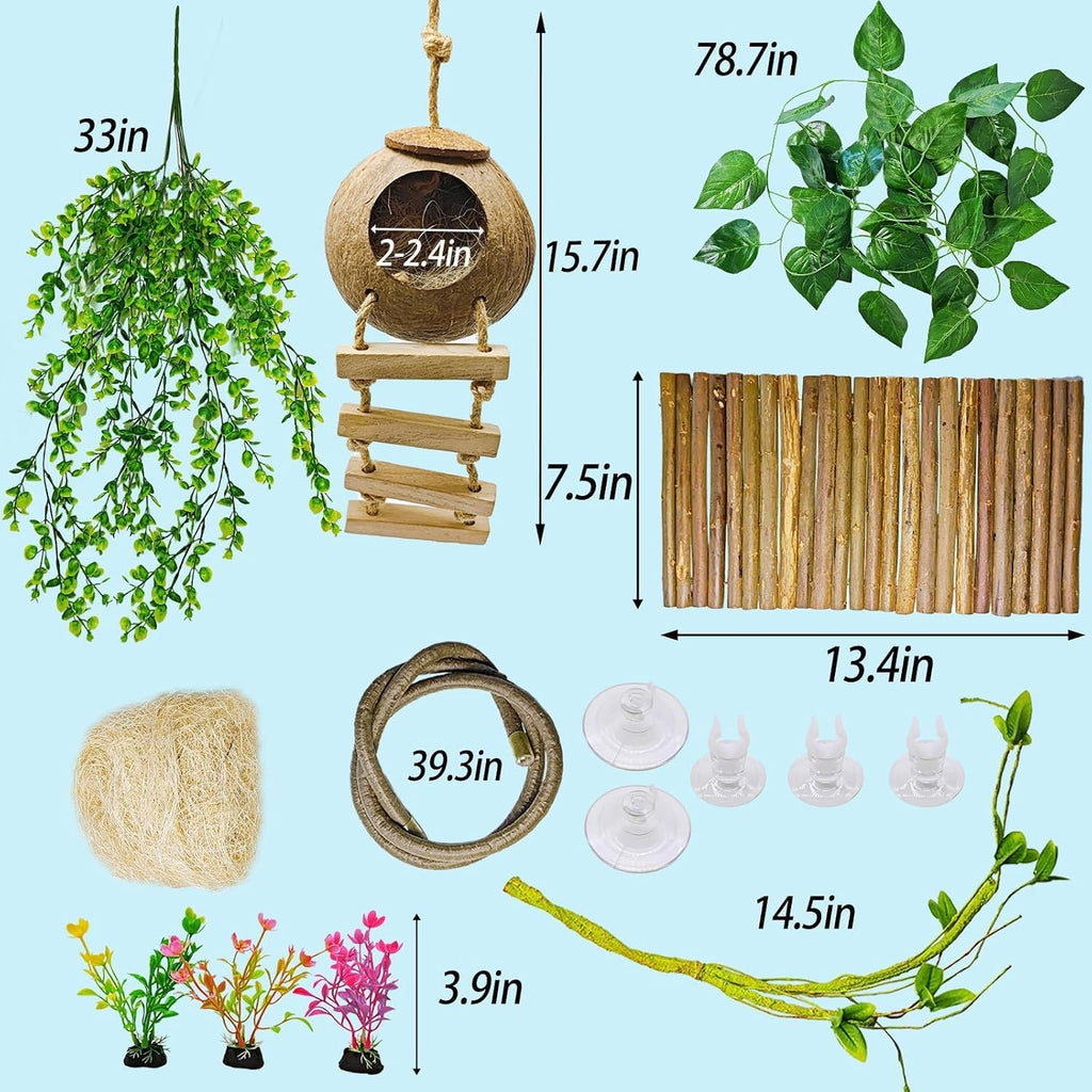 9PCS Crested Gecko Tank Accessories,Reptile Plants Vine Decor Coconut Hide