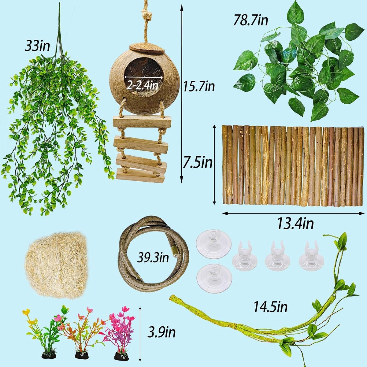 9PCS Crested Gecko Tank Accessories,Reptile Plants Vine Decor Coconut Hide