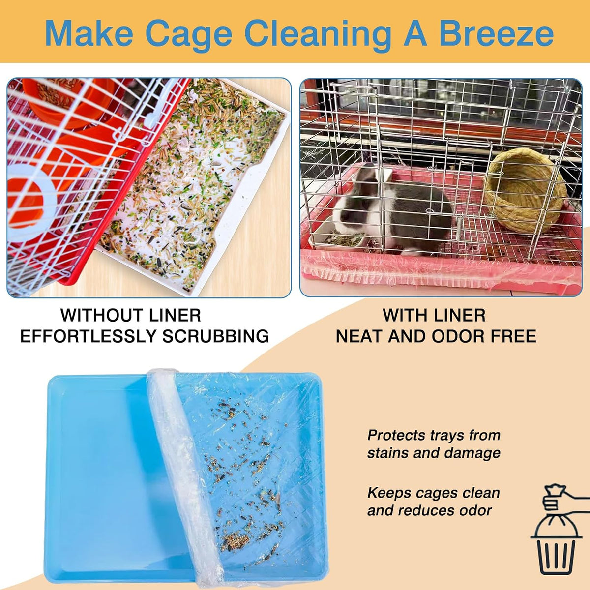 50 Pcs Disposable Rabbit Cage Liners, Small Animals Leak Proof Plastic Litter Box Film Liners for Bunny Guinea Pig Hamster Chinchilla Bird Clear Tray Covers Toilet Film Bags (60″)