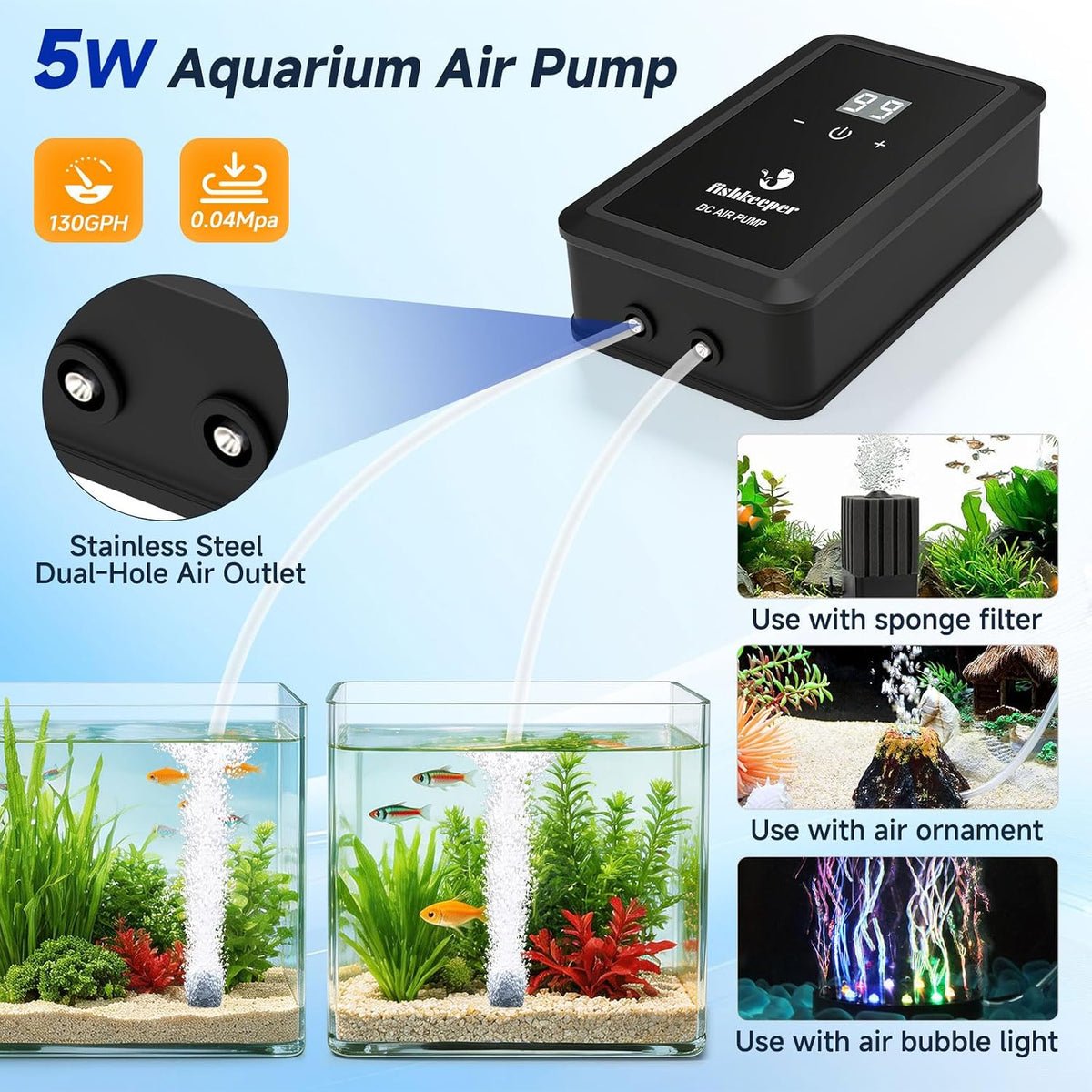 fishkeeper Aquarium Air Pump, Dual Outlet Oxygen Pump with 2 Air Stone