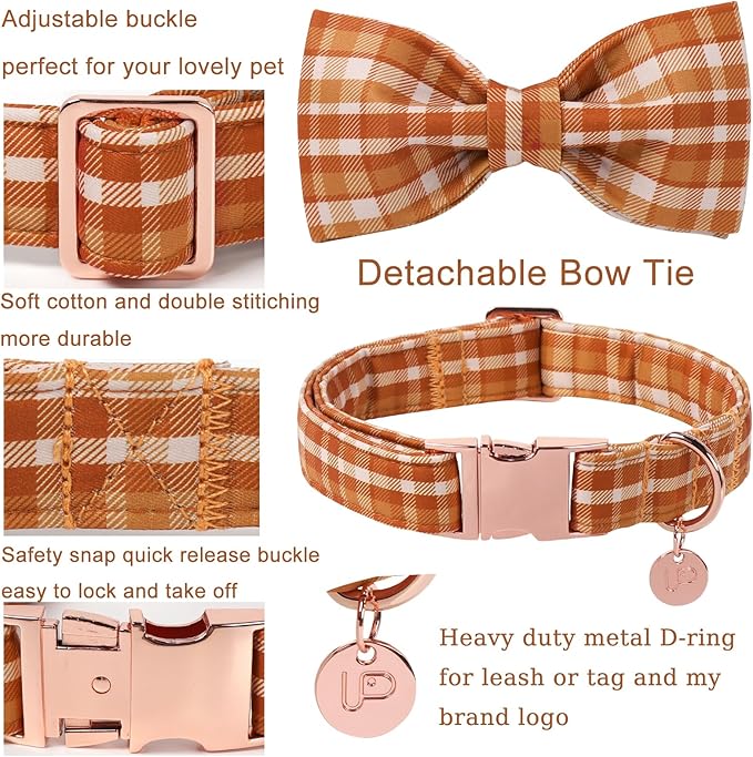 Fall Plaid Dog Collar and Bow Tie Set – Brown Orange Checkered Adjustable Collar - Image 3