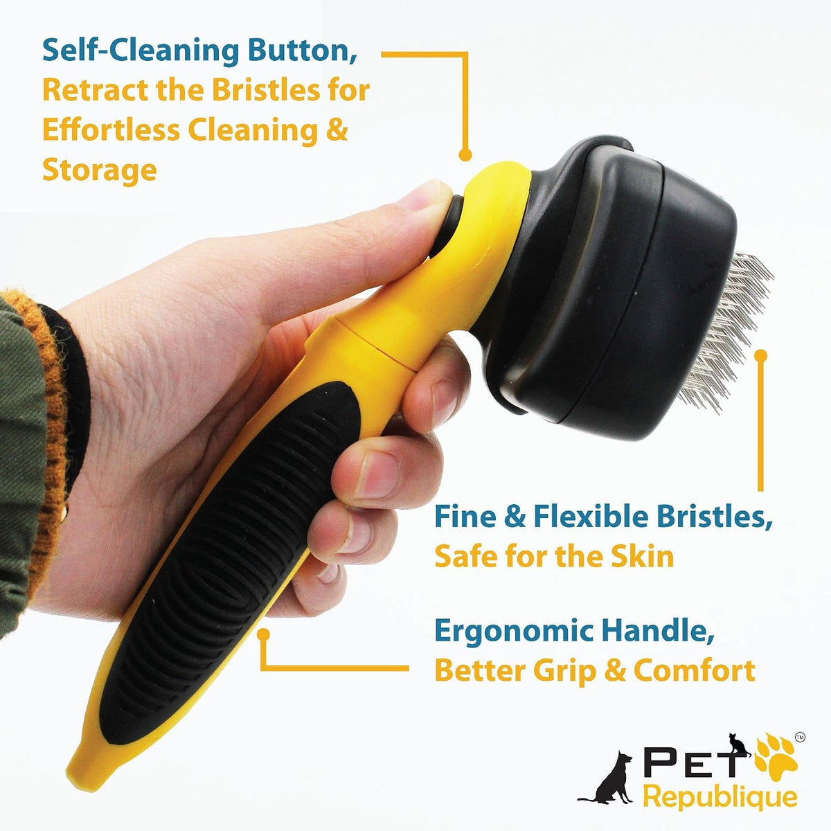 Pet Republique Retractable Slicker Brush - for Dogs, Cats, Rabbits, Any Long Haired Breed Pets – Reduce Shedding - Self Cleaning Design