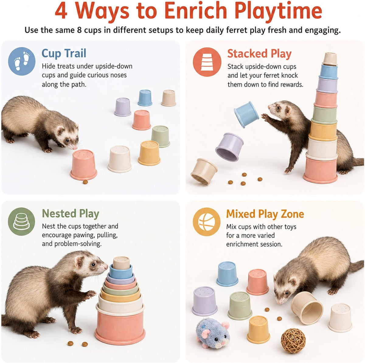 Ferret Enrichment Interactive Foraging Treat Cups, 8pcs Stacking Set