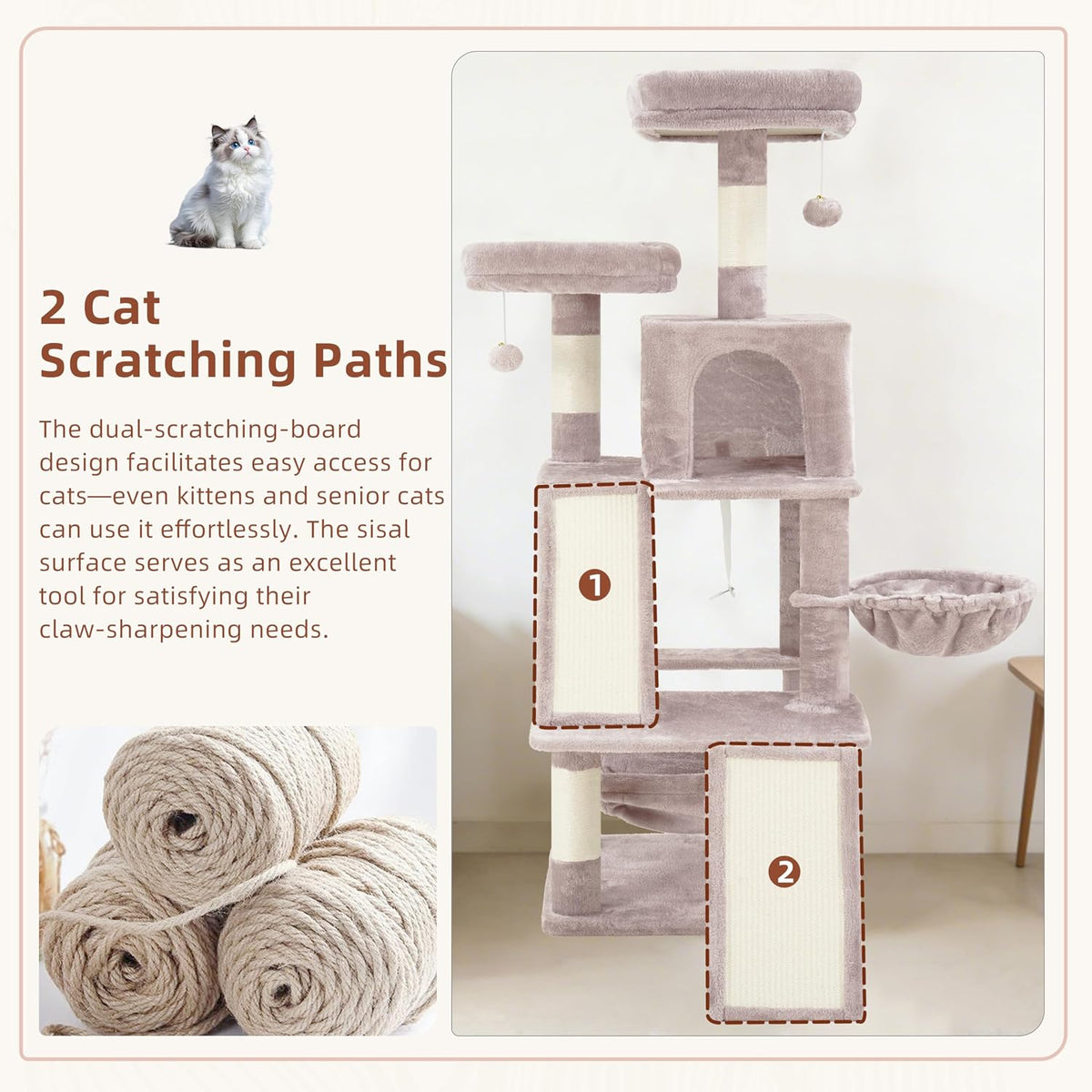 Gitelsnour Cat Tree Tower Multi-Level with 2 Scratching Boards, GCT022MU