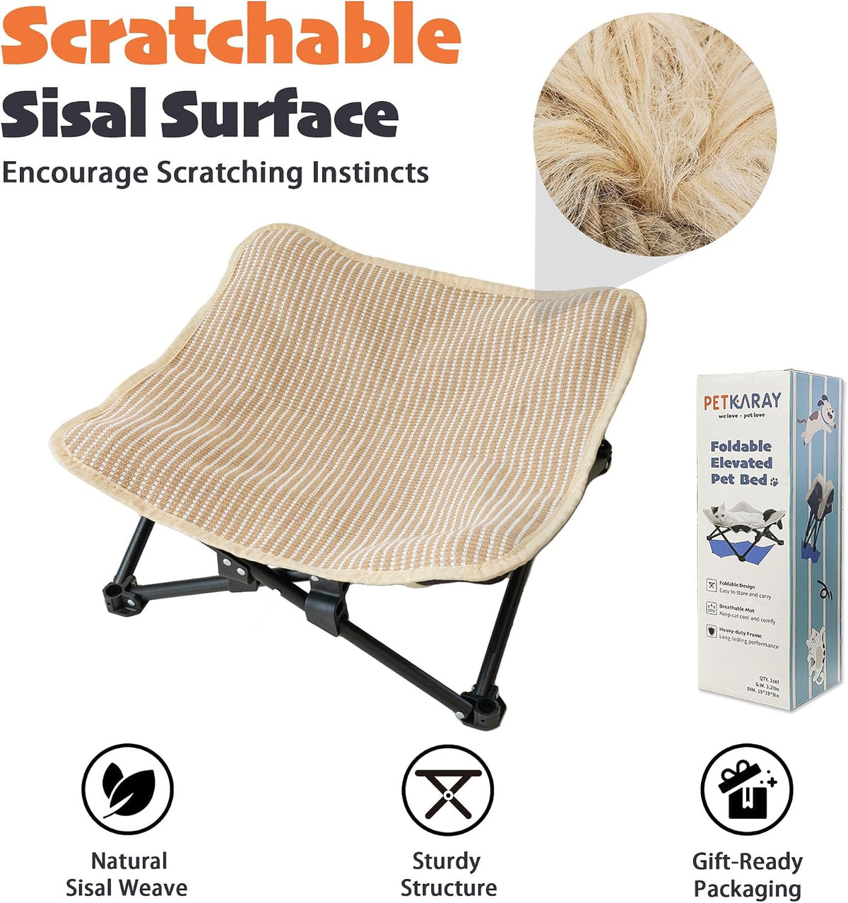 PETKARAY Foldable Cat Hammock Bed, Elevated Sisal Scratching Lounge with Metal Frame, Raised Cat Hammock Chair for Indoor Cats