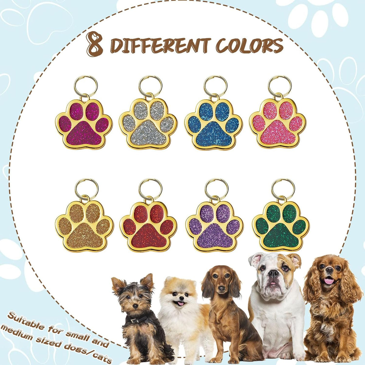 Pet ID Tag, 8 PCS Glitter Paw Print Pet ID Tags Personalized Dog Name Tag with 8 PCS Key Rings for Cats Dogs Puppy, Paw Shape