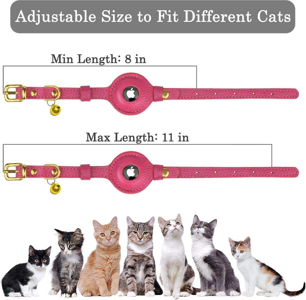 OOPSDOGGY Leather AirTag Cat Collar with Bell - Non Breakaway Kitten Collar with Apple Air Tag Holder - Lightweight GPS Pet Collars for Girl Boy Cats, Small Dogs, Puppies (Pink)