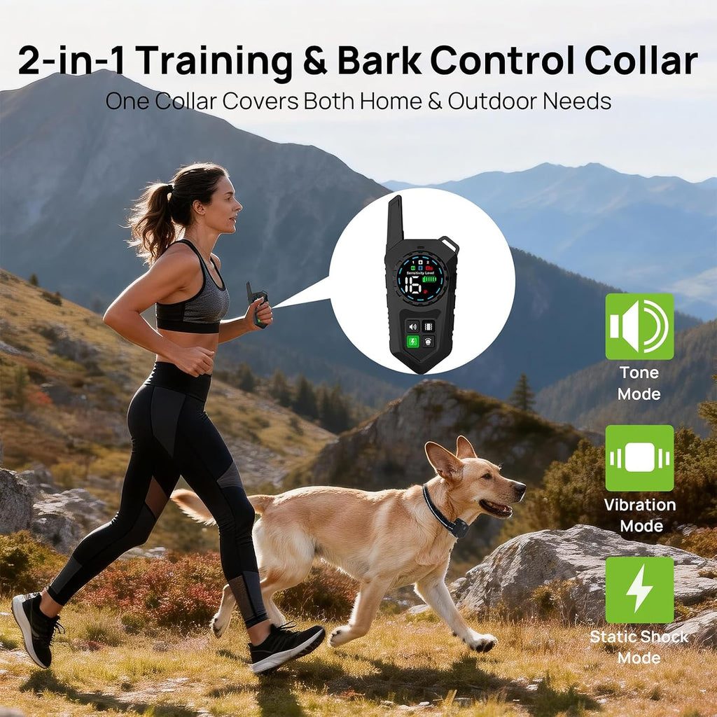 Dog Training Collar with Remote, 3-in-1 Electronic Dog Training & Bark Collar with Beep Vibration Shock Modes, LED Light & Safety Lock, IPX7 Waterproof Rechargeable Collar for Medium Large Dogs