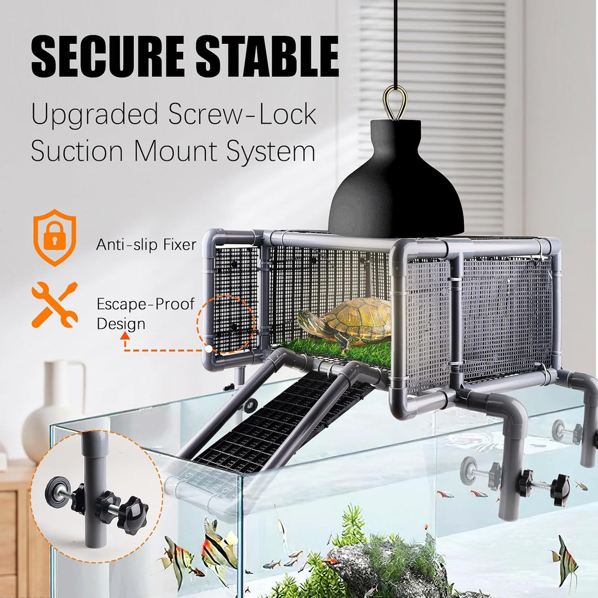 Escape-Proof Turtle Basking Dock Above Tank, Enclosed Ramp Grass Aquarium Tank Accessory
