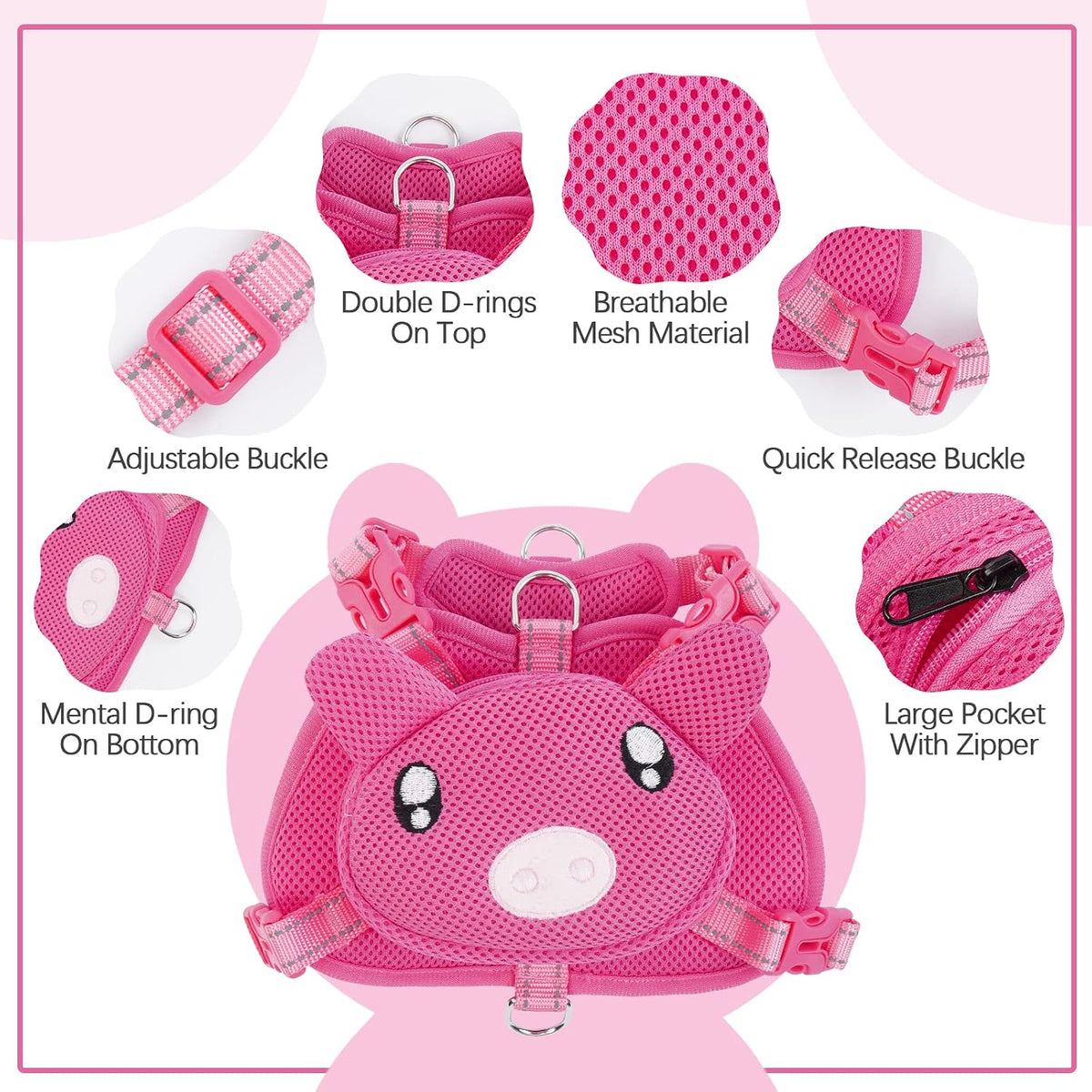 Dog Backpack Harness, No-Pull Dog Backpack with D-Ring,Pig,S
