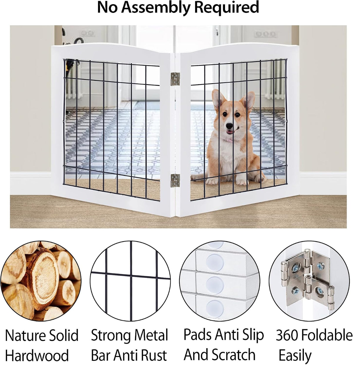 LZRS 2-Panel Freestanding Foldable Wood Dog Gate – Solid Wood & Steel Wire, Chew-Resistant Pet Barrier for Indoor Use, Ideal for Small to Medium Dogs, White