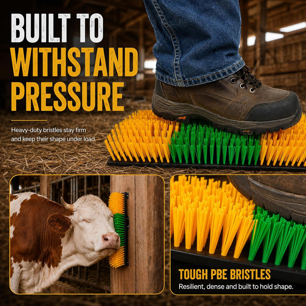 Livestock Scratching Brush 2 Pack for Cattle, Horses and Goats, Bendable Cow Scratcher, Goat Scratching Post and Horse Scratcher with Durable Nylon Bristles and 8 Stainless Steel Screws