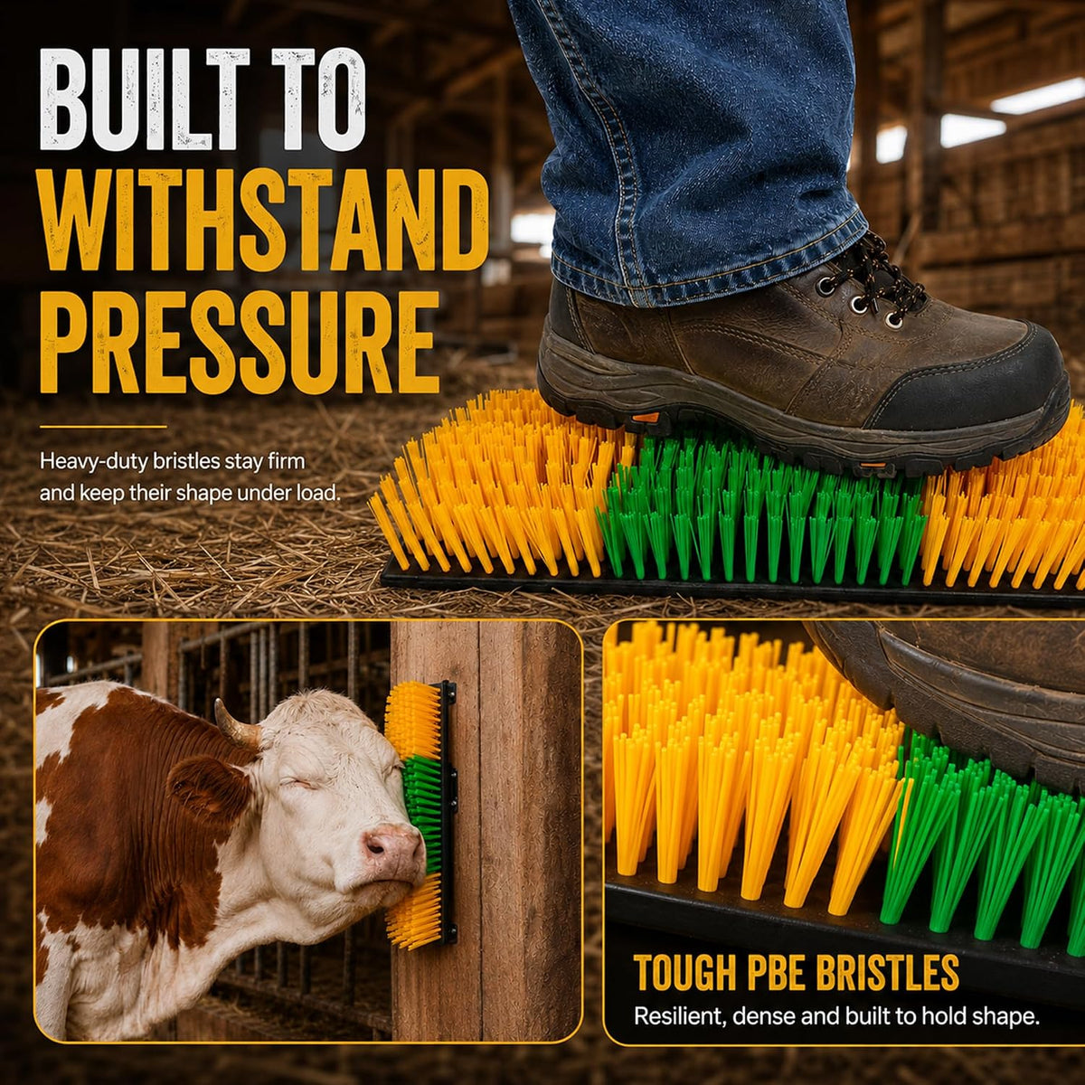 Livestock Scratching Brush 2 Pack for Cattle, Horses and Goats, Bendable Cow Scratcher, Goat Scratching Post and Horse Scratcher with Durable Nylon Bristles and 8 Stainless Steel Screws