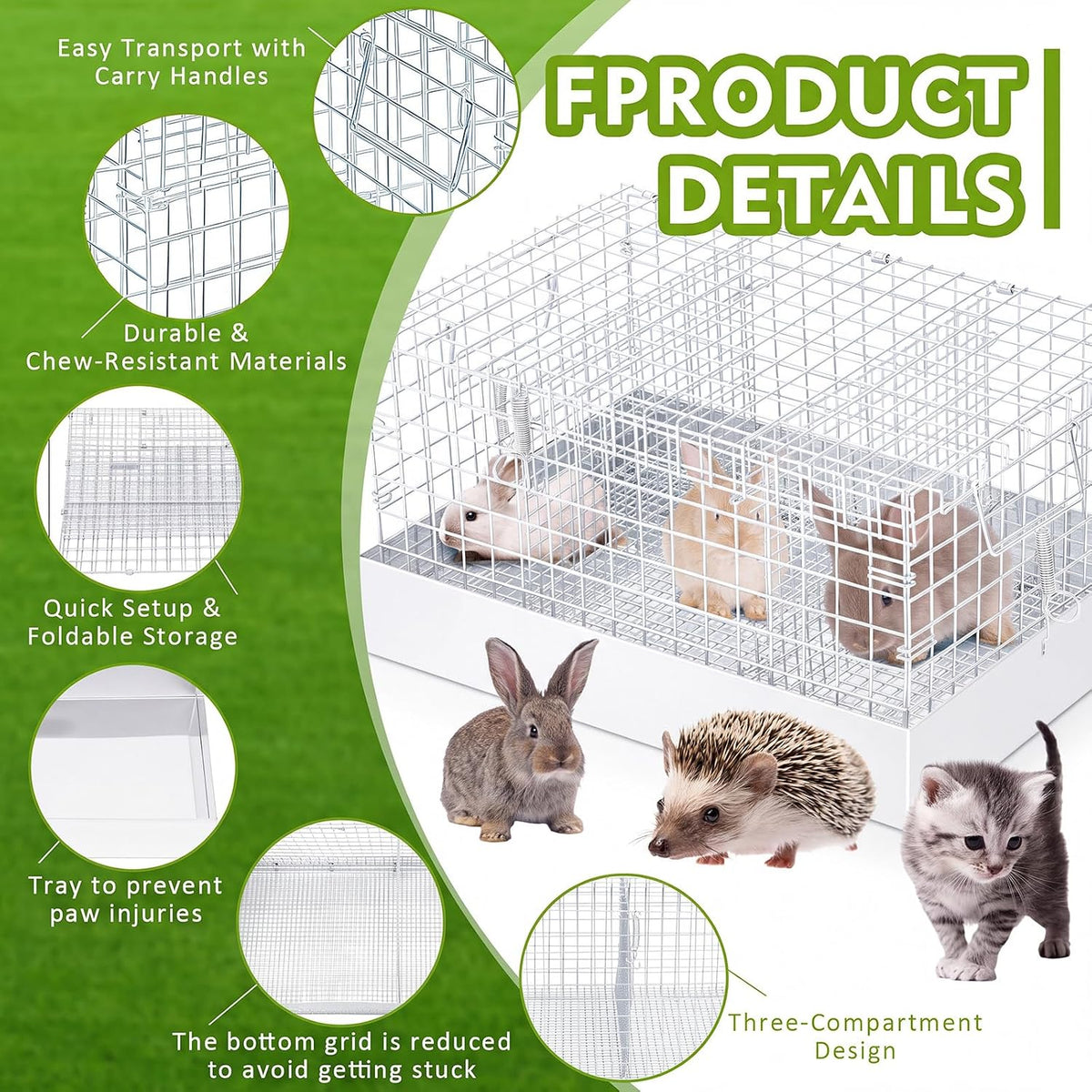 DoubleFill 1 Pack 3 Hole Folding Rabbit Transport Cage, 18 x 12 x 10 in Portable White Bunny Carrier with Tray and Handles for Travel Temporary Housing, Indoor Outdoor Pet Habitat Animal Enclosure