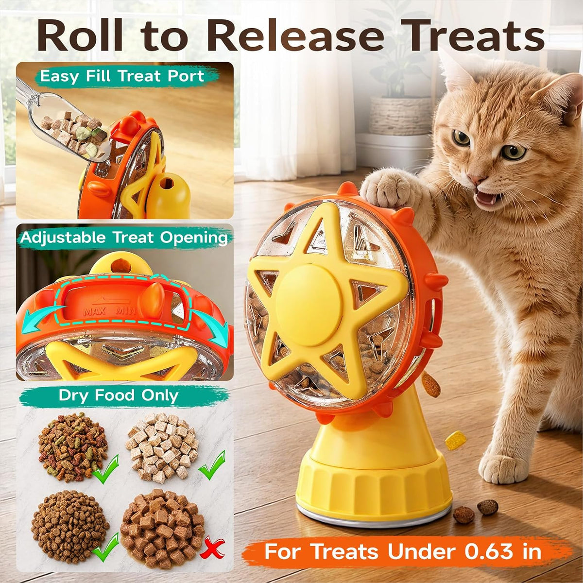 Interactive Cat Treat Dispenser, 2-in-1 Slow Feeder & Wand, Yellow