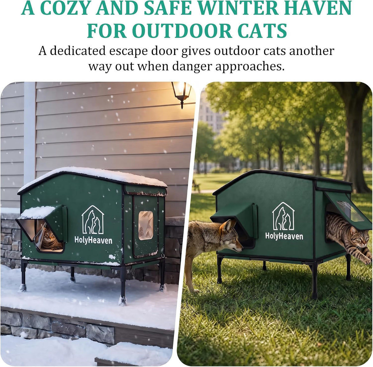 Extra Large PU Leather Heated Cat House for Outside, Waterproof Cat Houses for Outdoor Cats with Heating Pad & Escape Door, Elevated Feral Cat House for Outdoor Cats, 27.95 x 18.9 x 16.5 in (Green)