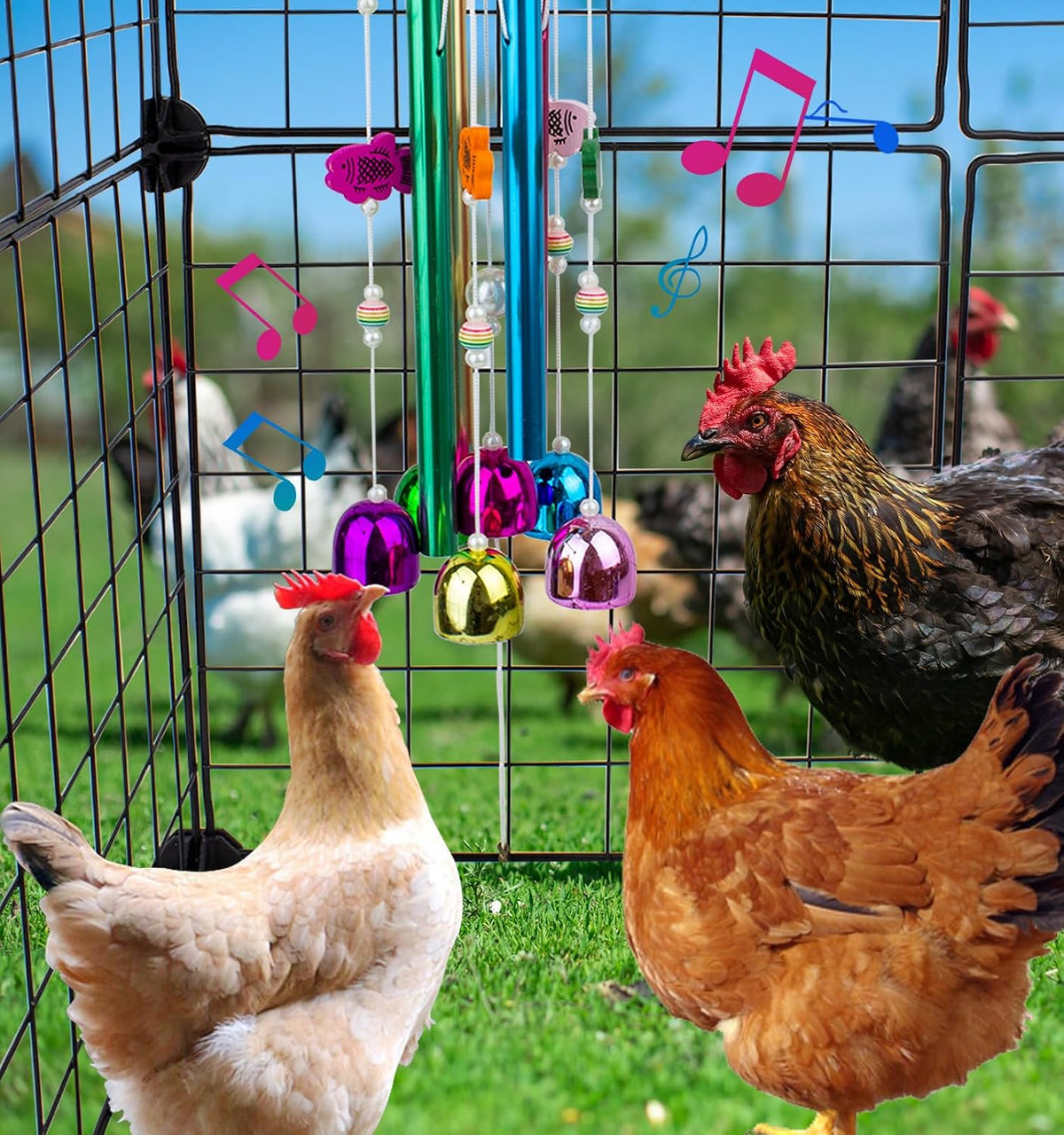 2PCS Chicken Toys for Coop, Multicolor Wind Chime Enrichment Art Hanging Chick Peck Toy with Colorful Bells, Chicken Musical Coop Accessories, Coop Toys for Hens Chicks Poultry Birds Parrots