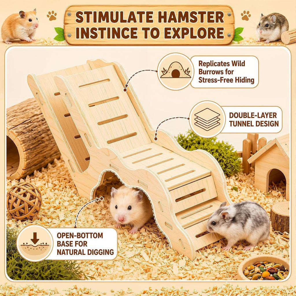 Novabright 5 Pcs Hamster Platform Set Including Wooden Hideout Tunnel Toy Multi Chamber Secret Climbing Ladder Bridge Wooden House Cage Accessories for Small Animal Gerbils Dwarf Syrian