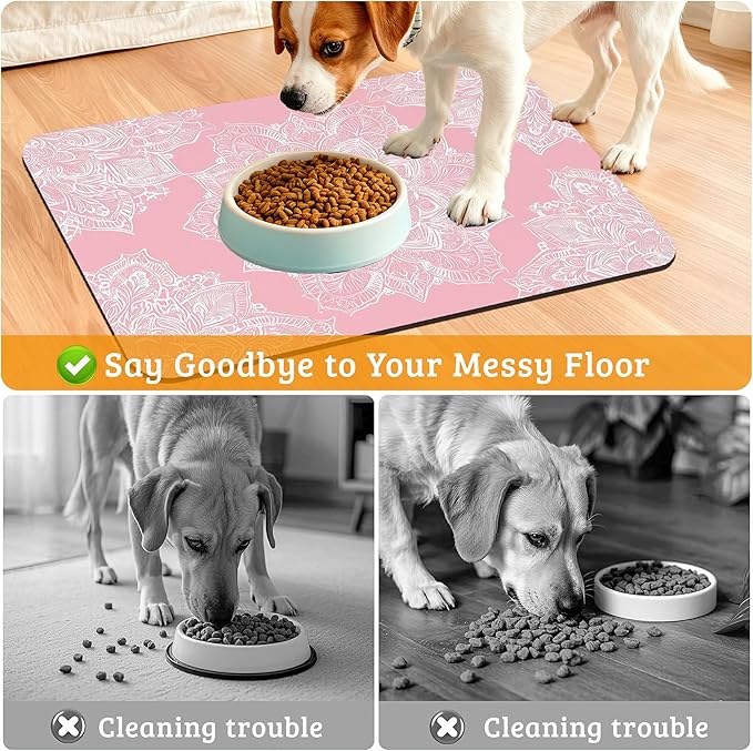 Pet Feeding Mat, Boho Mandala Absorbent Dog Cat Food Mat Pink Flower Dog Mat - Image 4