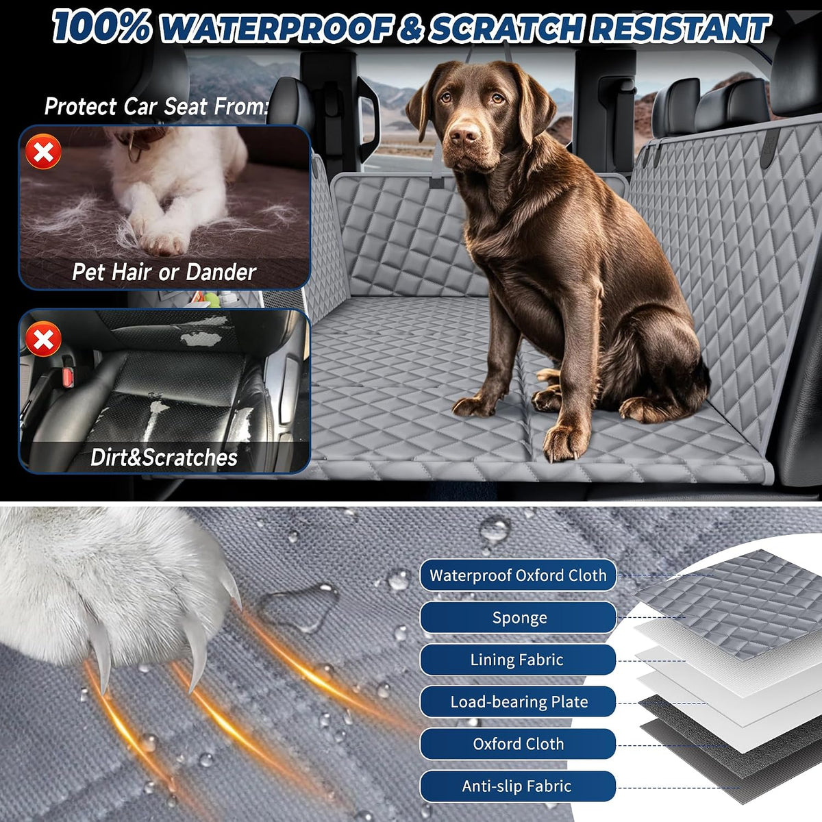 Truck Dog Seat Cover Back Seat with Hard Bottom, 450lb Support Back Seat Extender for Crew Cab Trucks F150 RAM Silverado Tundra, Waterproof Pet Hammock for Dogs, Mesh Window & Storage Pockets
