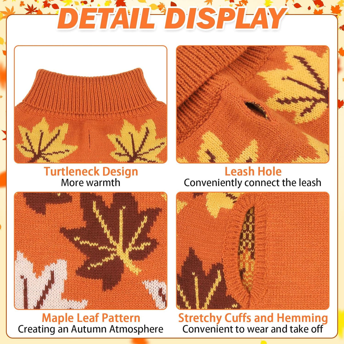 KOOLTAIL Fall Dog Sweater, Thanksgiving Dog Sweater with Autumn Maple Leaf Pattern, Cold Weather Pet Knitted Winter Coats Clothes Turtleneck Pullover for Small Medium Large Dogs Cat Boy Girl, Orange L