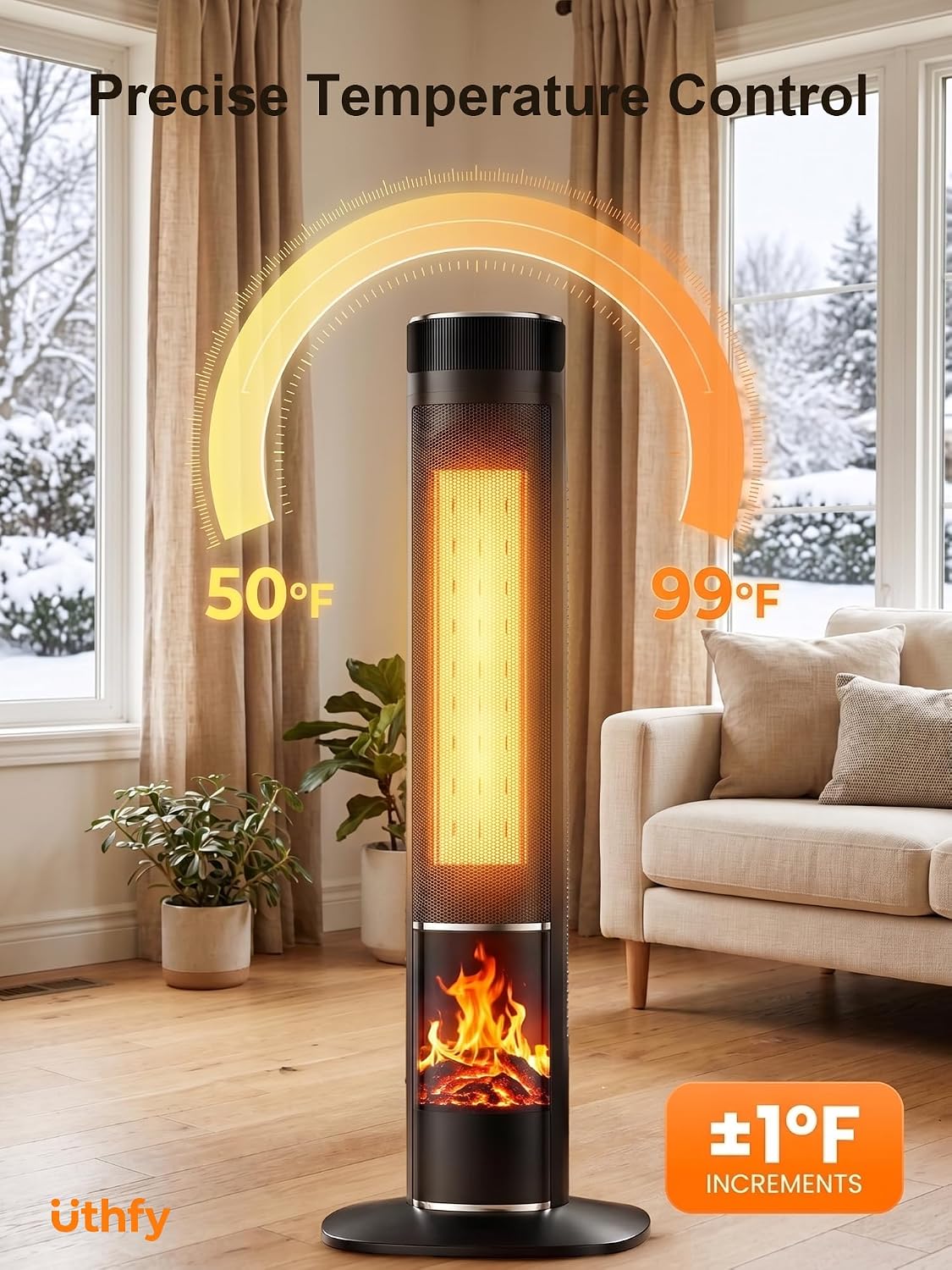 Uthfy 32IN Space Heater for Large Room, 1500W Portable Electric Heater for Indoor Use with 3D Flame Effect, 24H Timer, 120° Oscillation, Ceramic Heating Tower Heater for Bedroom, Living Room & Office
