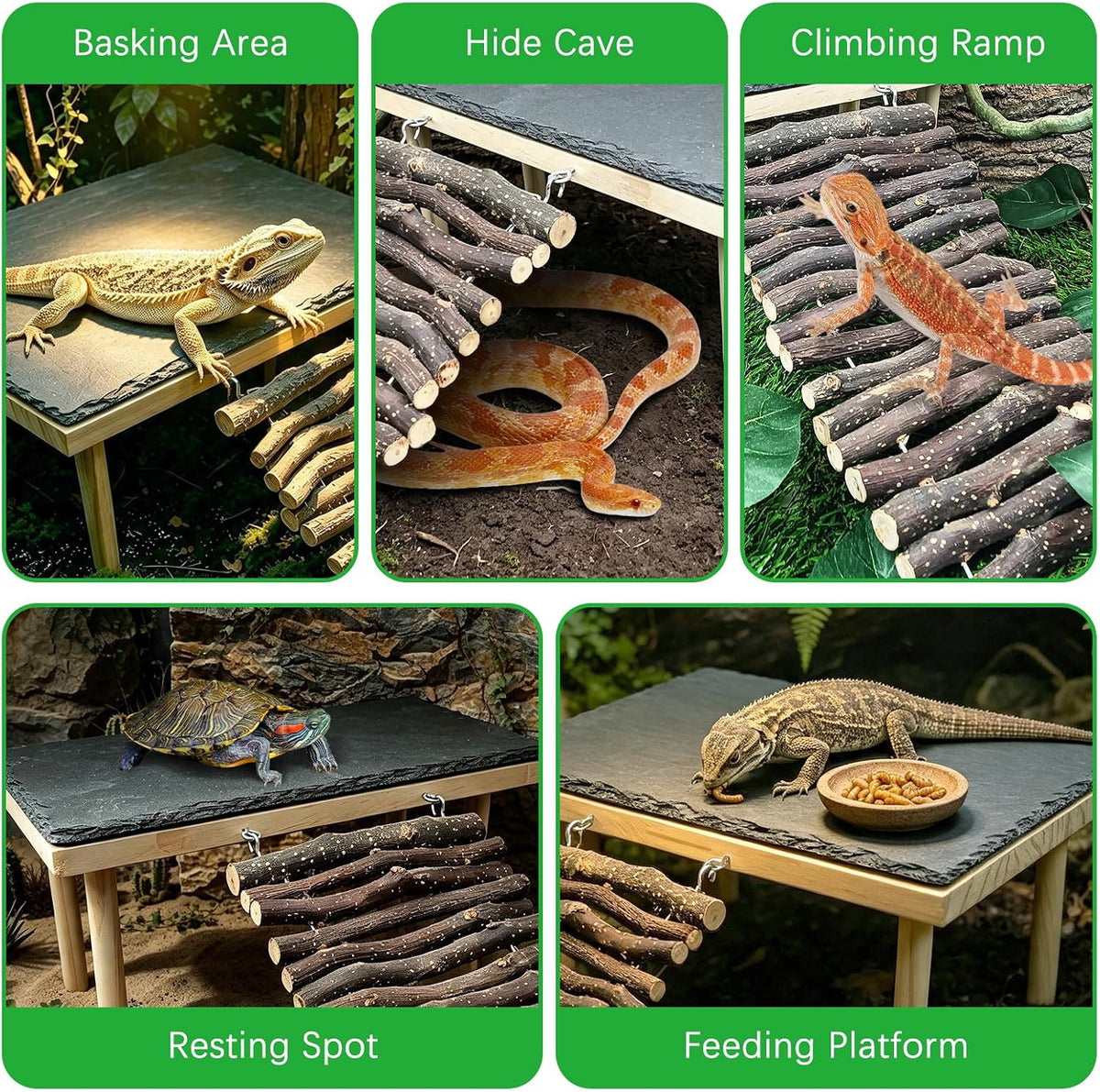 BNOSDM Basking Rock Platform with Climbing Ramp Reptiles Hideout Bearded Dragon Hide Cave Reptile Tank Accessories Suit for Tortoise, Lizard, Toad, Gecko (Large)