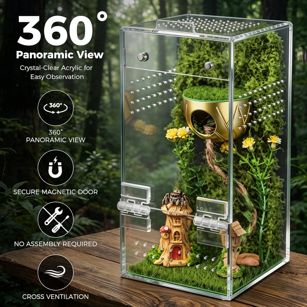 Jumping Spider Enclosure Kit, Vertical Acrylic Terrarium with Magnetic Door