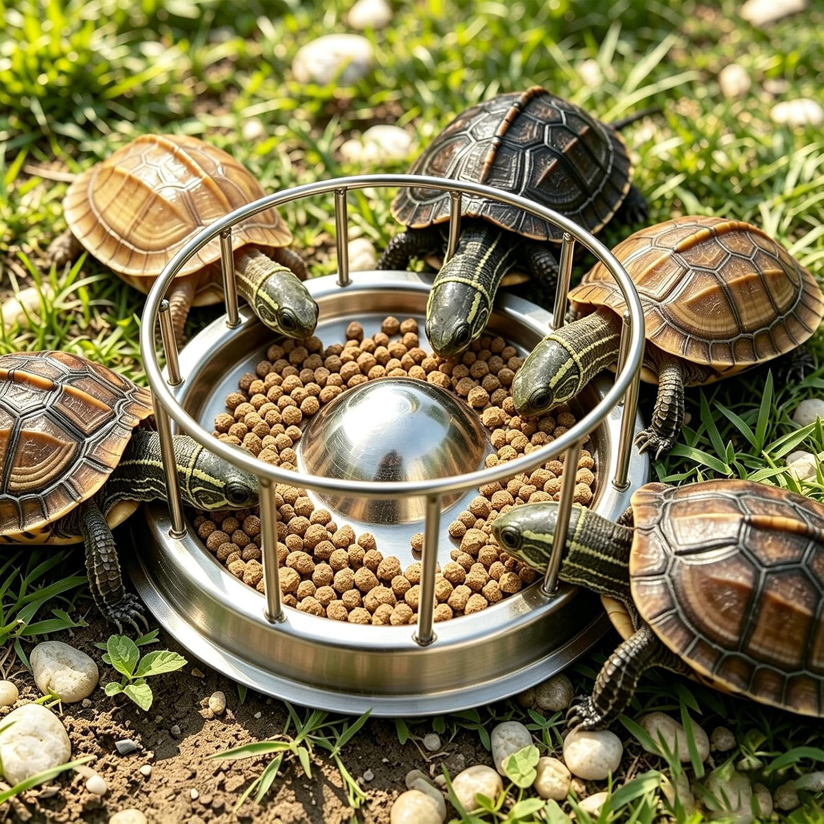 Stainless Steel Turtle Feeder, Multi-Turtle Divided Feeding Dish with Anti-Spill & Anti-Scatter Barrier, Reptile Food Bowl for Aquatic Turtles, Box Turtles, Tortoises, Bearded Dragons, Lizards (S)