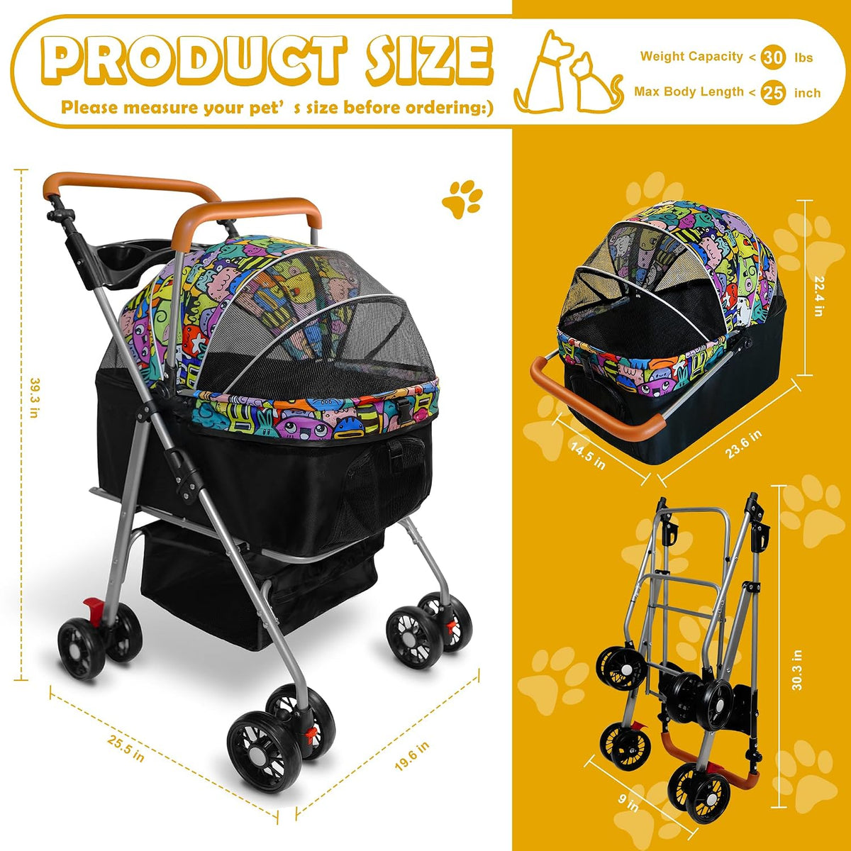 Pet Stroller with Storage Basket and Cup Holder, Folding Dog Jogger, Foldable Cat Stroller, 3 in 1 Puppy Kitten Cart, Pet Jogger for Medium Dog Cat (Magic Black)
