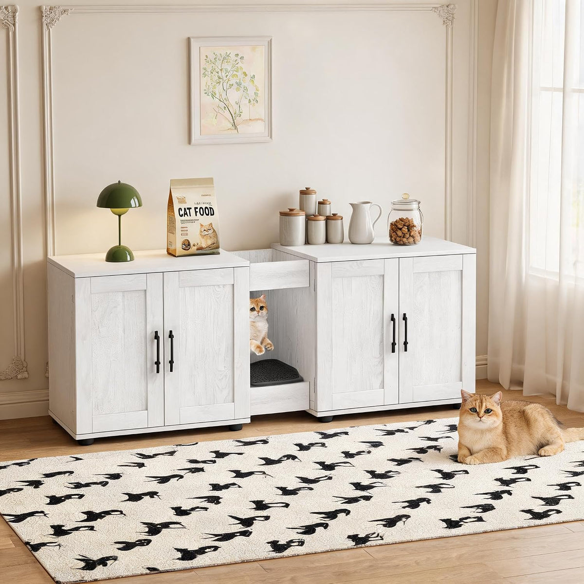 55" Double Litter Box Enclosure, Wood Hidden Cat Litter Box Furniture for 2 Cats, Double Cat Cabinet with Litter Mat and Storage Shelf, Walnut