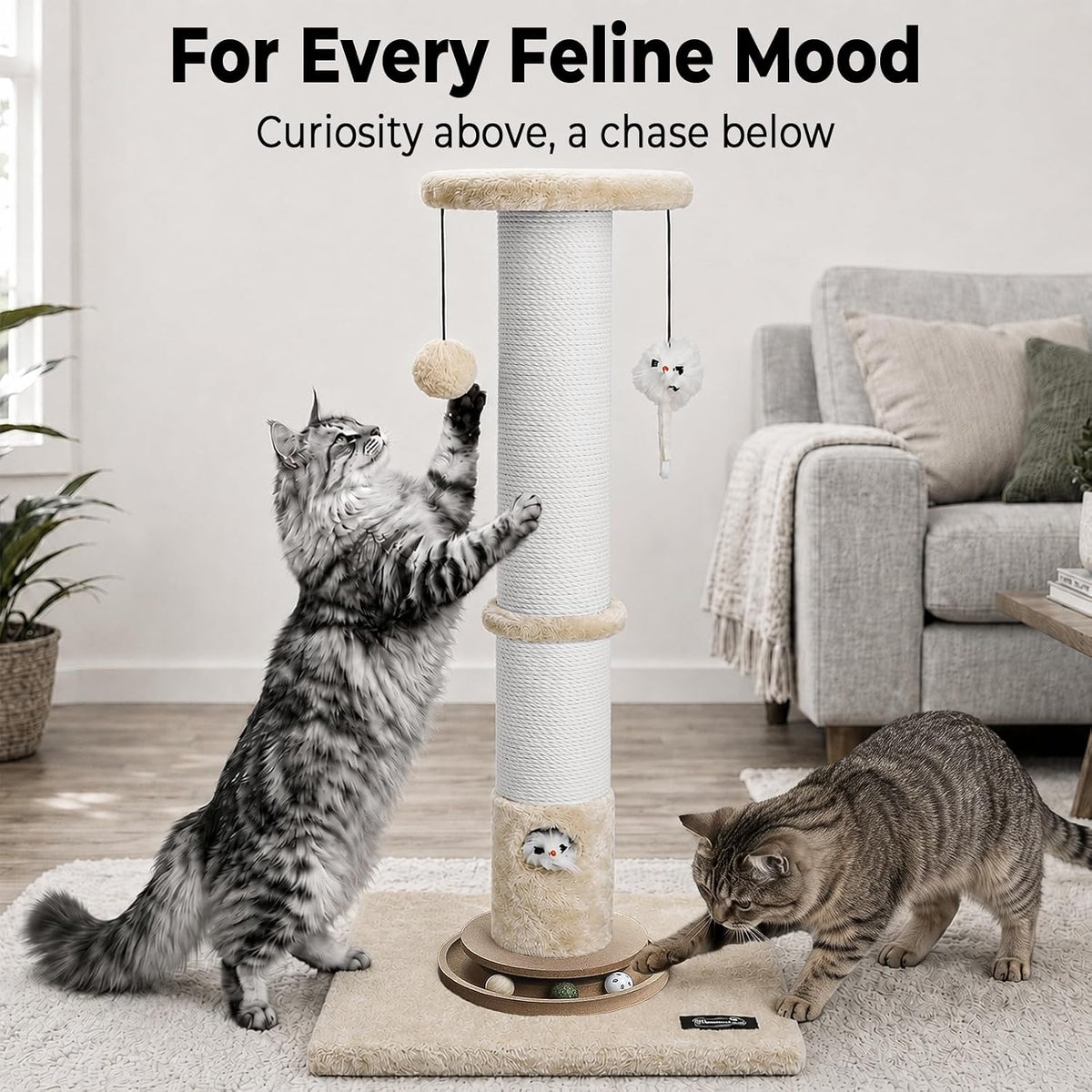 35-Inch Tall Cat Scratching Post, Stable Base for Large Cats, Beige