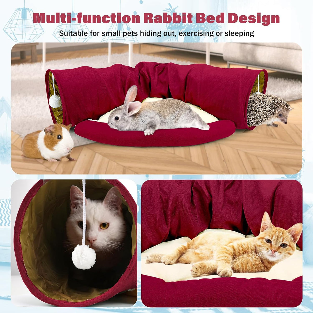 Bunny Tunnel Bed, 2-in-1 Collapsible Rabbit Tunnel Hideout with Mat