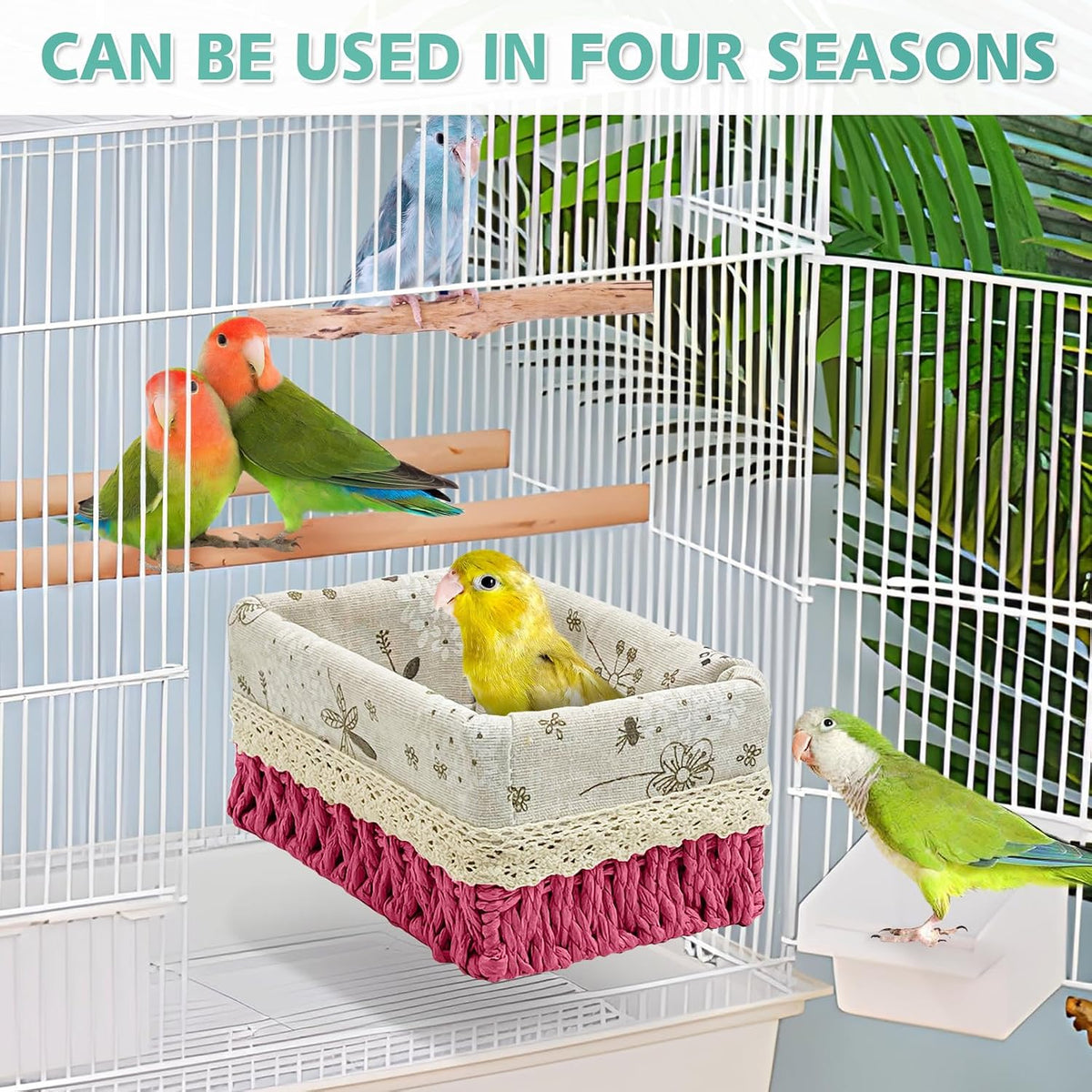 kathson Bird Nest Parrot House Birds Sleeping Bed Straw Weave All Season Hanging Hammock Bird Bed Snuggle Hut Birdcage Accessories for Parakeets Budgies Cockatiels Conures Quaker Parrot (Red)