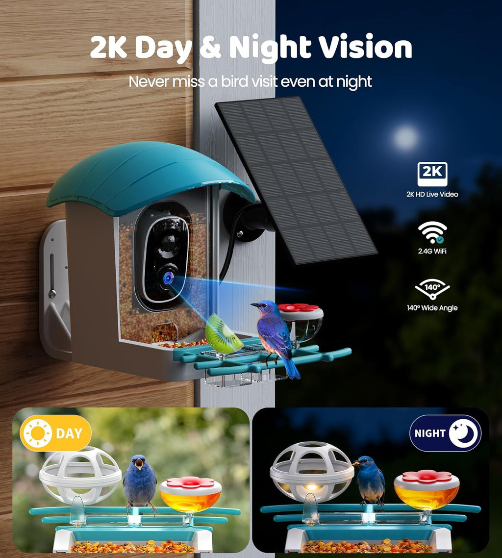 Bird Feeder with Camera Solar Powered: Smart Bird Feeders for Outdoors Garden with AI Identify Auto Capture 2K HD Bird House with Camera Outside WiFi Live View Birdfeeder Cam Gift for Birds Lover