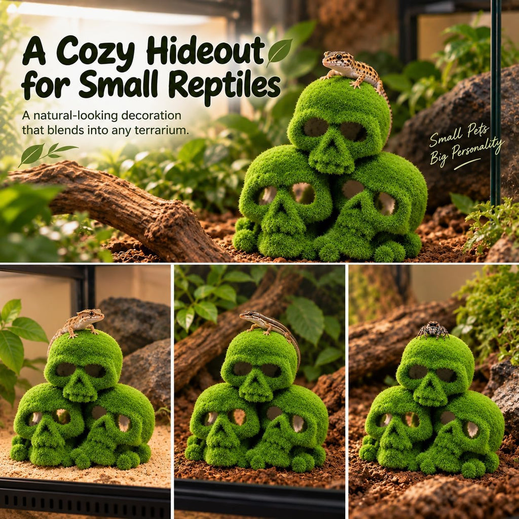 Moss Skull Terrarium Decor, Reptile Hide Tank Accessories for Gecko Lizard
