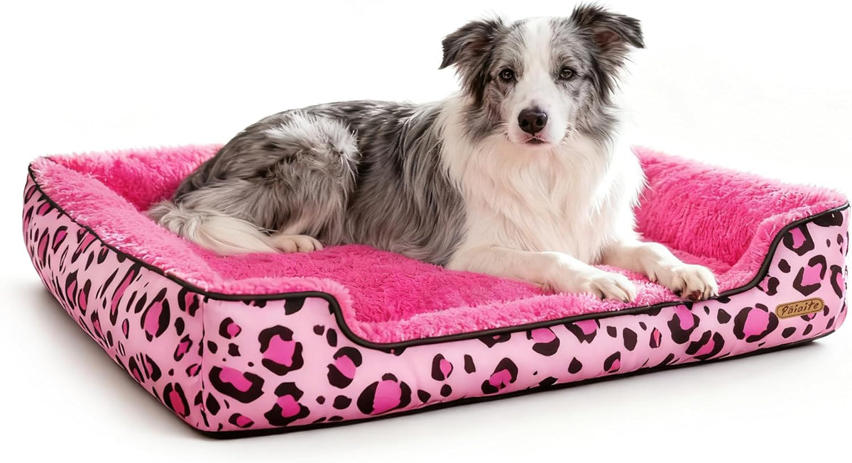 Rectangle Washable Dog Bed for Large, Medium & Small Dogs – Soft Calming Puppy Beds, Durable Warm Pet Sofa with Non-Slip Bottom for Indoor Use.Pink S Size (18.9"x18.9"x6.3")