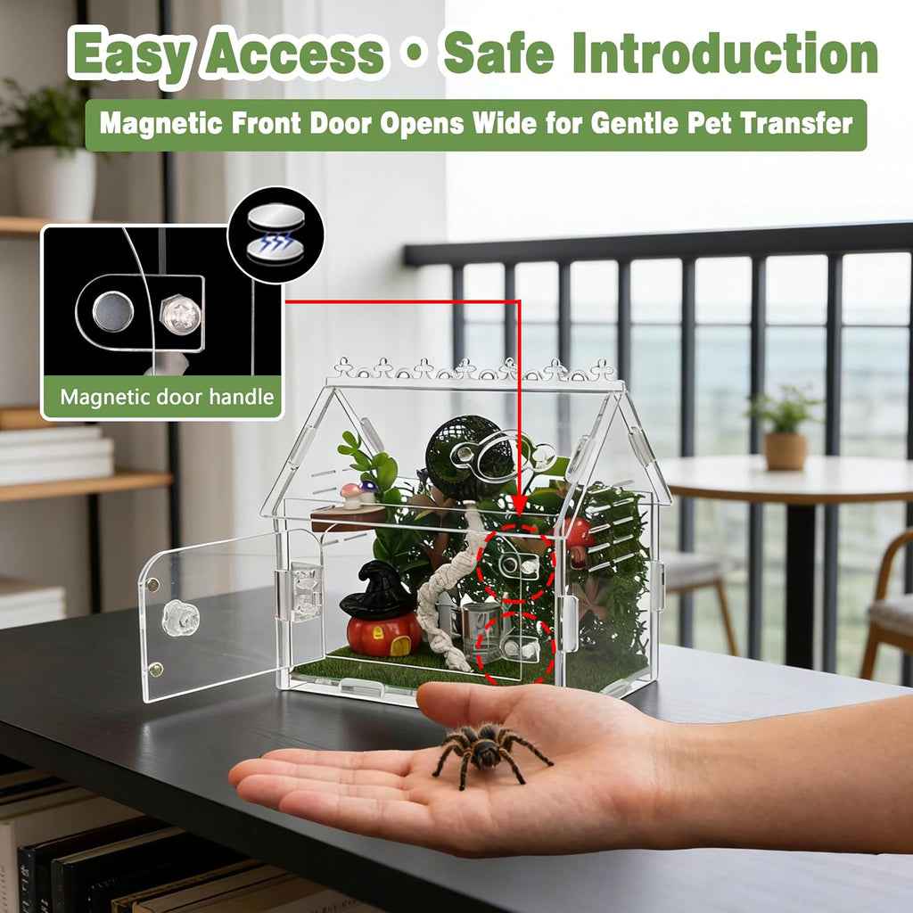 16Pcs Jumping Spider Enclosure Kit, 5.9"x3.9"x5.1" Arboreal Tarantula Habitat with Magnetic Lock & Decor, Acrylic Terrarium Complete Starter Kit for Small Spider, Praying Mantis, Reptile, Insect Cage