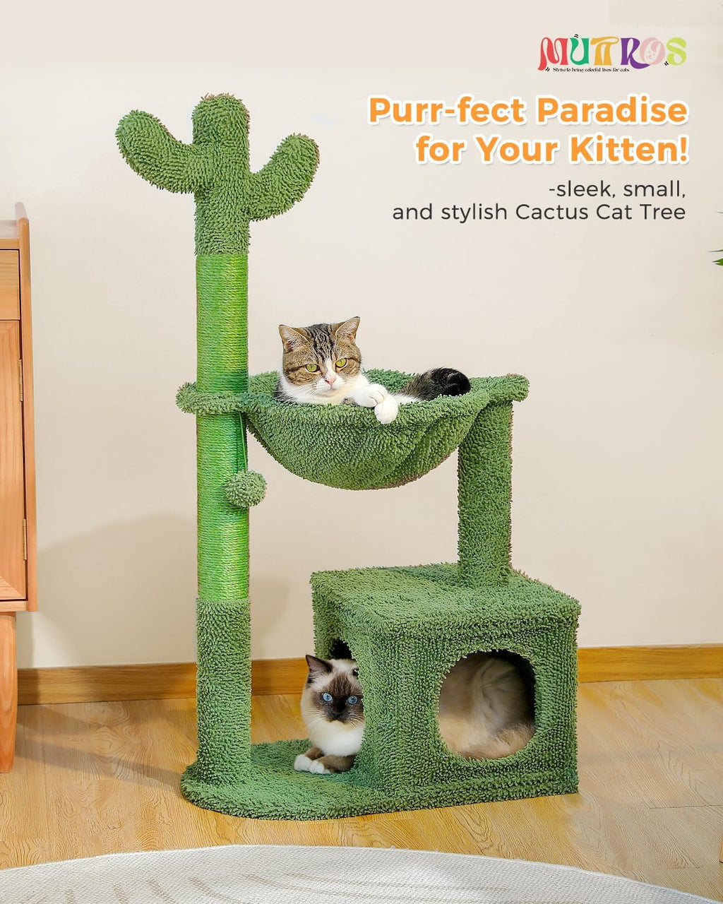 MUTTROS 40" Cactus Cat Tree with Hammock, Condo & Sisal Post, Green
